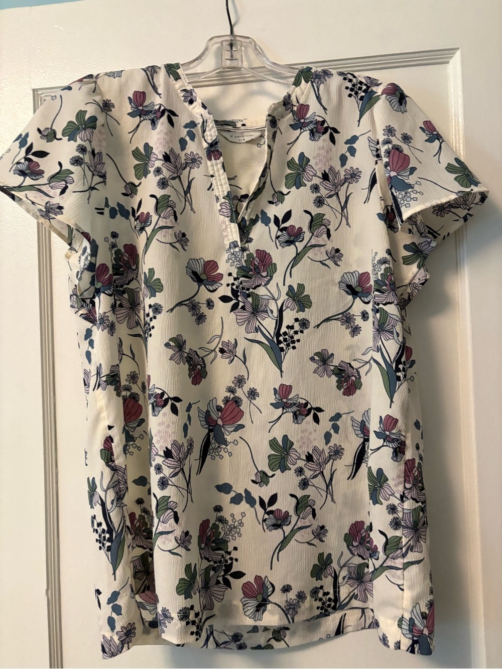 Two Denver Hayes Cream and Blue Floral Split-Neck Blouse